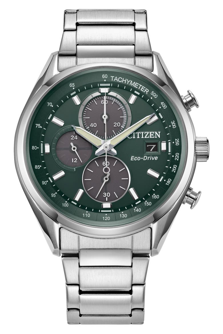 Eco-Drive Chronograph Bracelet Watch, Main, color, SILVER