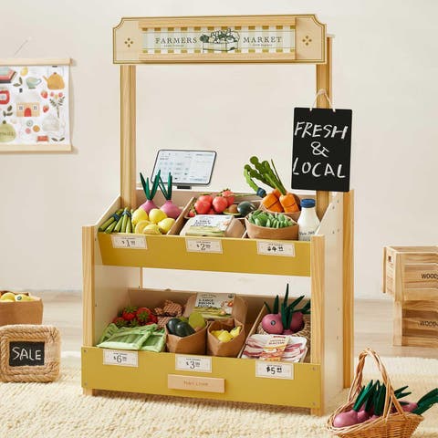 Wooden Pretend Grocery Store Set with Cash Register and Chalkboard for Kids