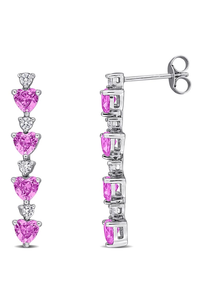 Created Pink and White Sapphire Heart Drop Earrings, Main, color, PINK