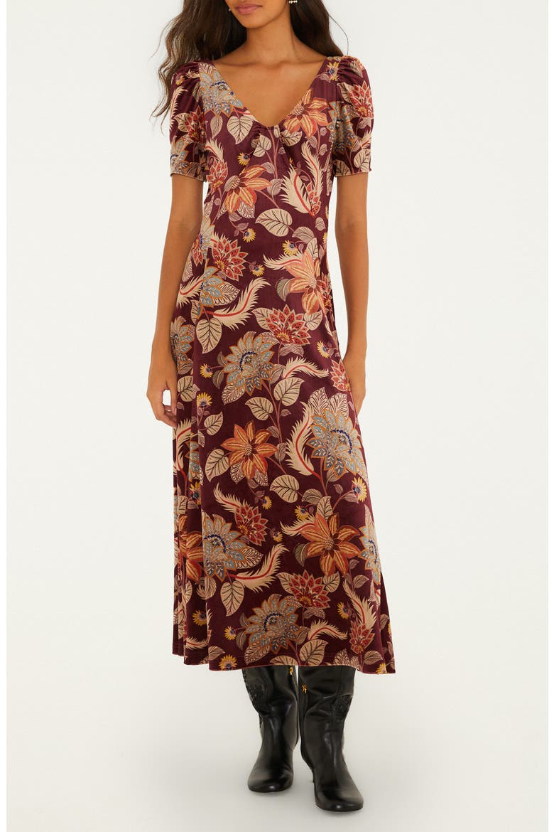 Delhi Floral Stretch Velvet Midi Dress, Main, color, DELHI FLORAL BURGUND
