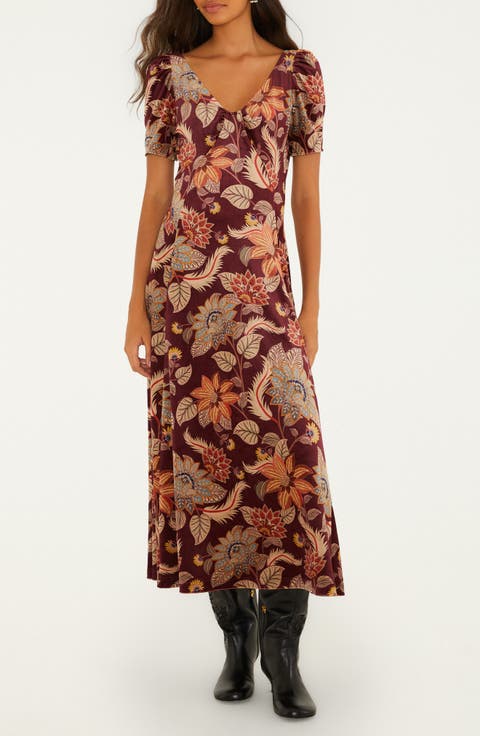 Delhi Floral Stretch Velvet Midi Dress