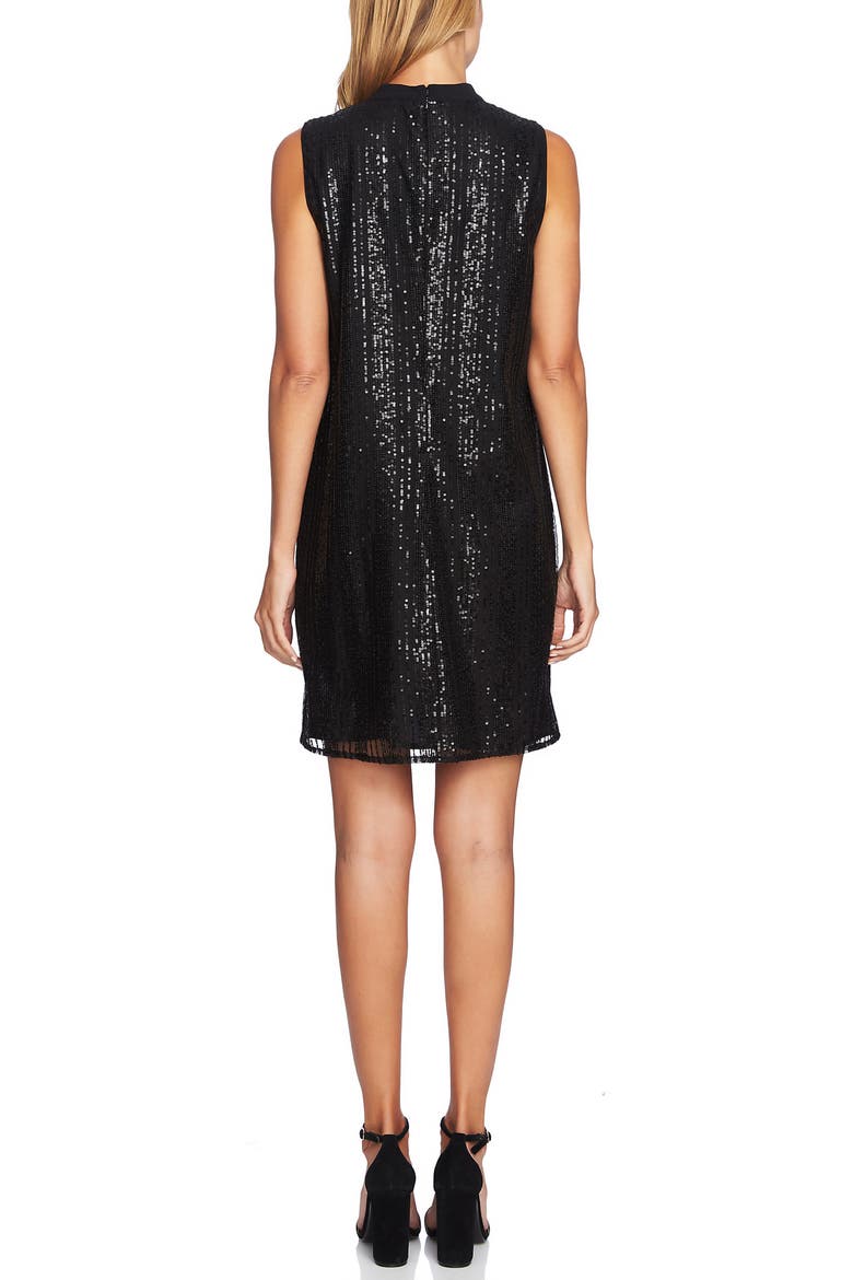 Sequin Tie Neck Shift Dress, Alternate, color, RICH BLACK