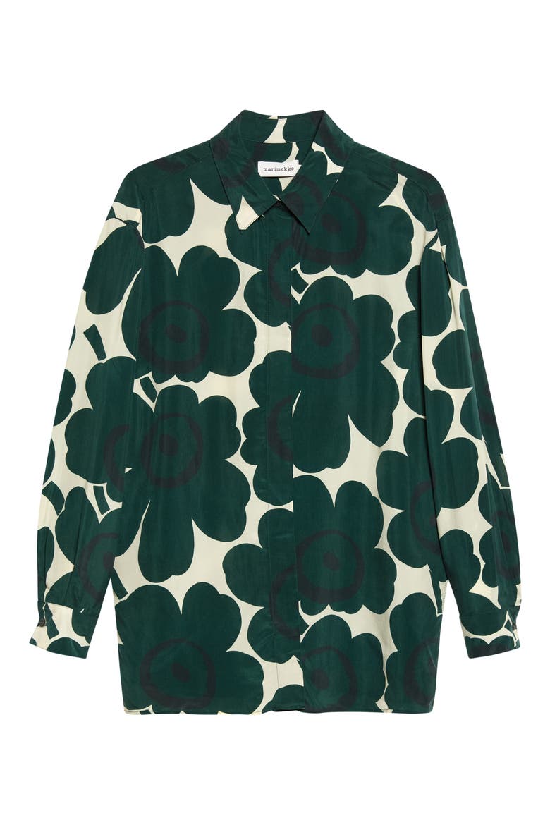 Unikko Floral Print Long Sleeve Cupro Shirt, Alternate, color, DARK GREEN LIGHT YELLOW