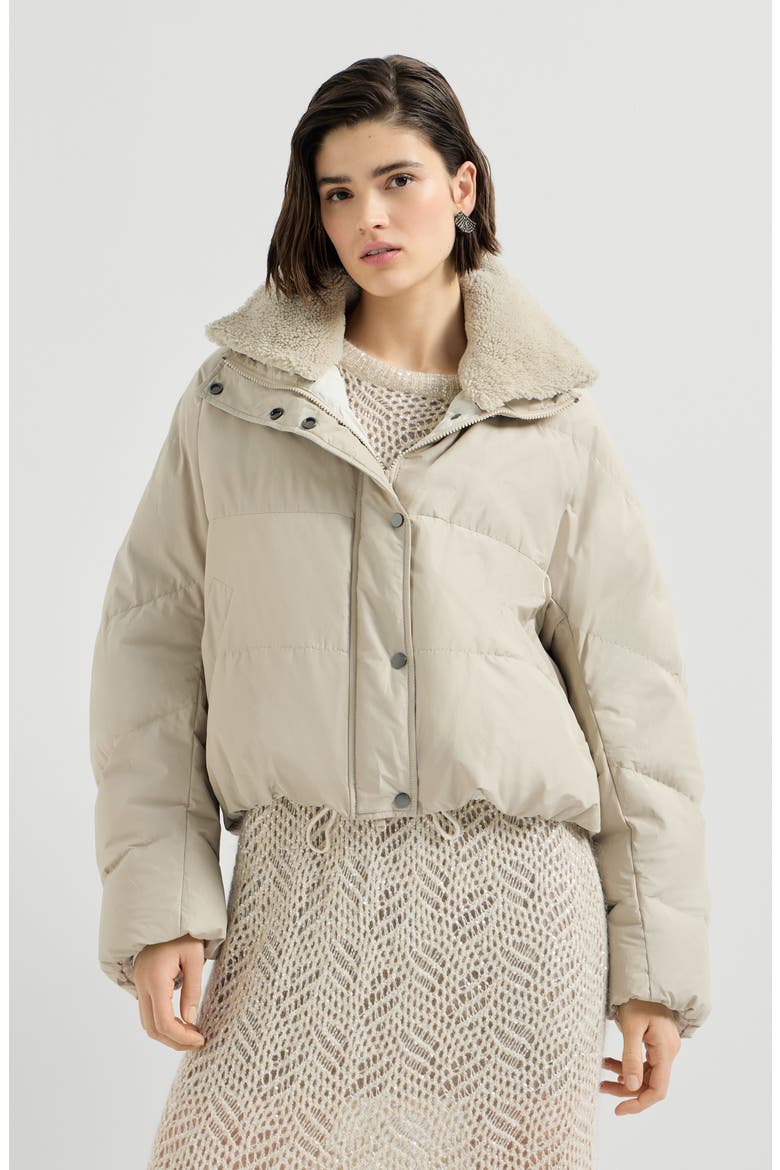 Techno cotton taffeta down jacket with detachable shearling insert and monili, Main, color, Sand