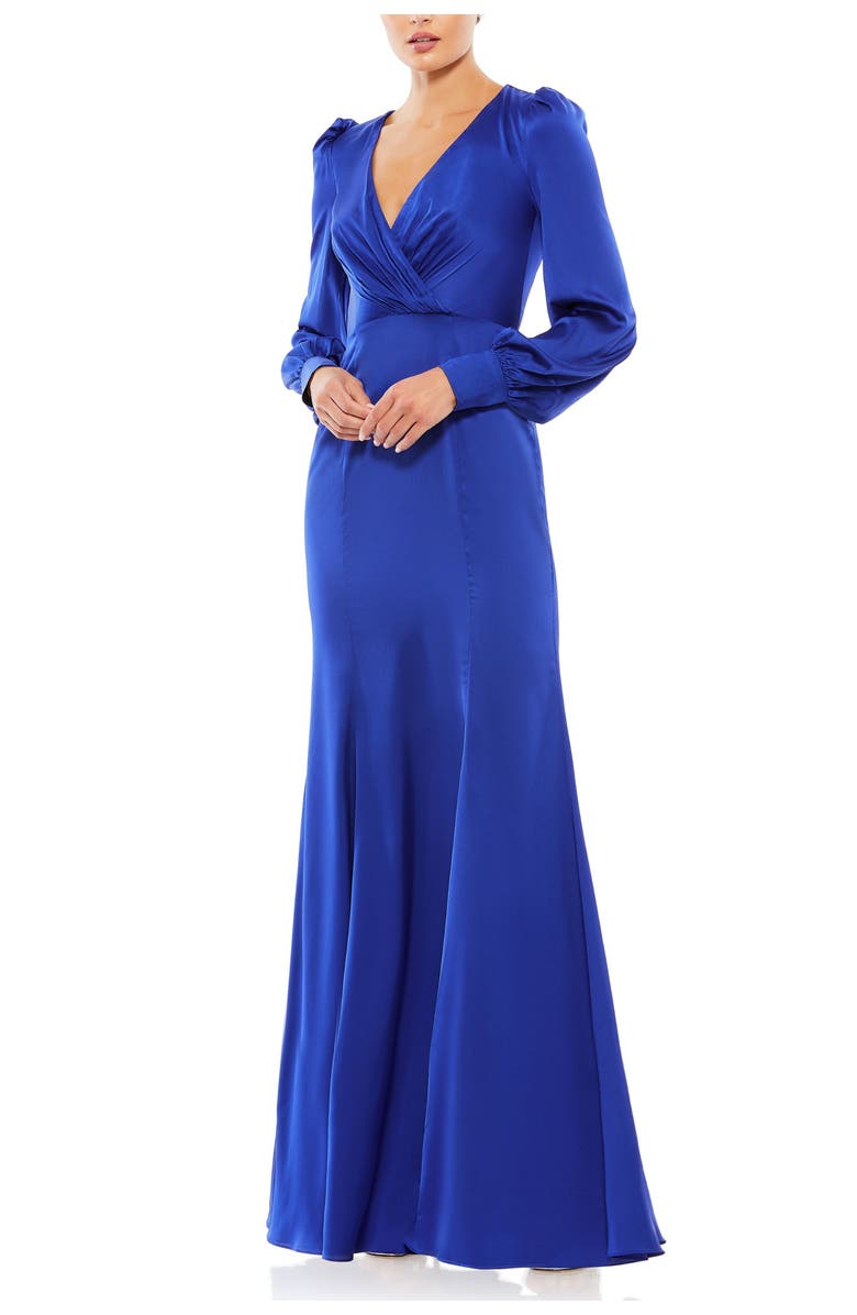 Mac Duggal Satin Ruched Bishop Sleeve Gown, Main, color, Royal Blue