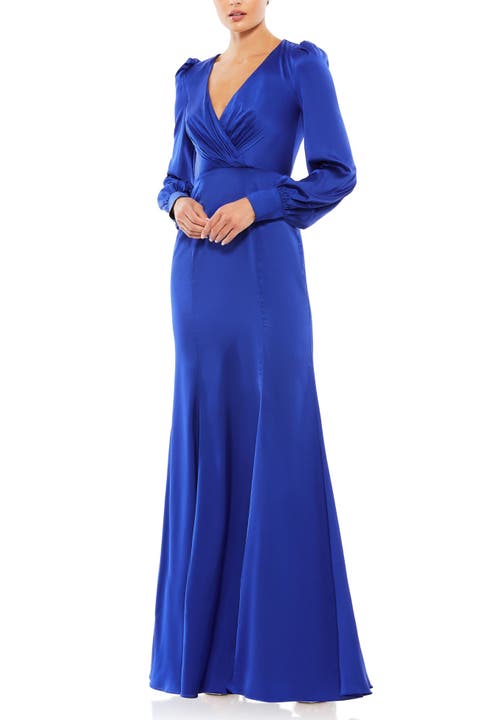 Satin Ruched Bishop Sleeve Gown