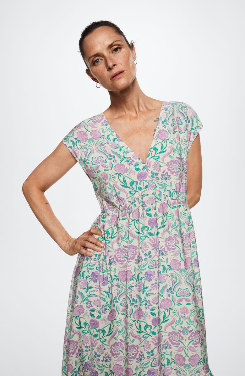 MANGO Floral Print Tiered Empire Waist Midi Dress, Alternate, color,