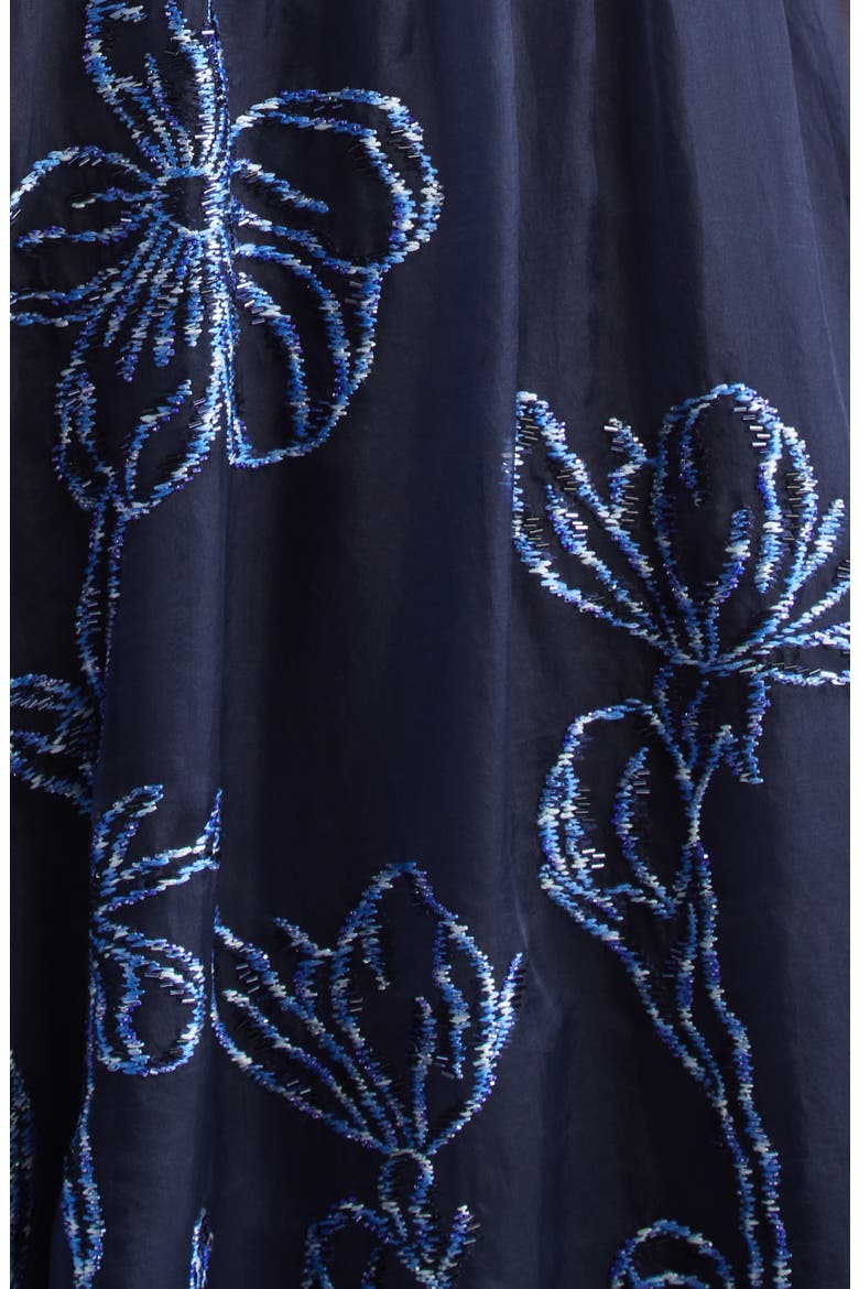 Ikat Floral Embroidered Silk Organza Dress, Alternate, color, NAVY/ BLUE