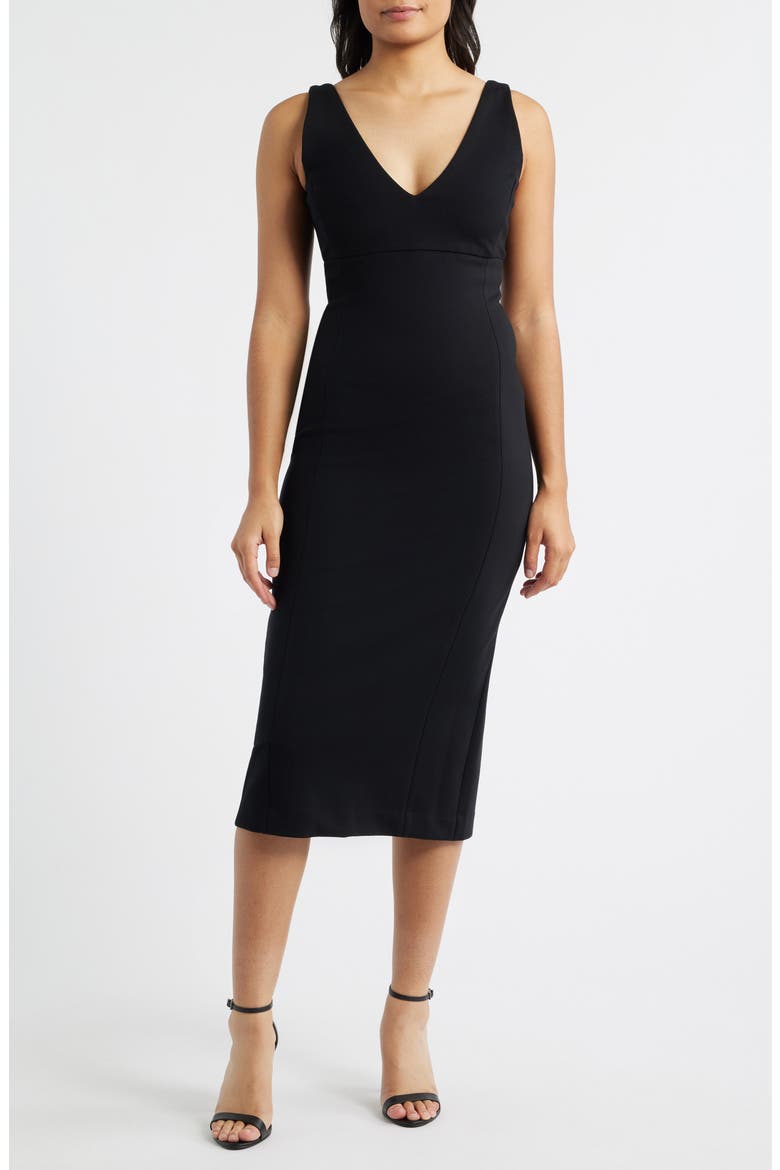 v neck midi dress black illustration This black midi dress features a sleeveless design with a deep V Miranda V Neck Midi Dress