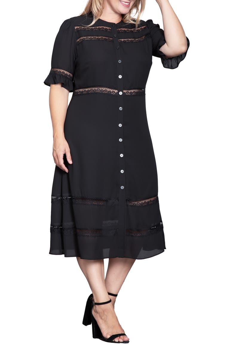 Lace Inset Georgette Midi Dress, Alternate, color, BLACK