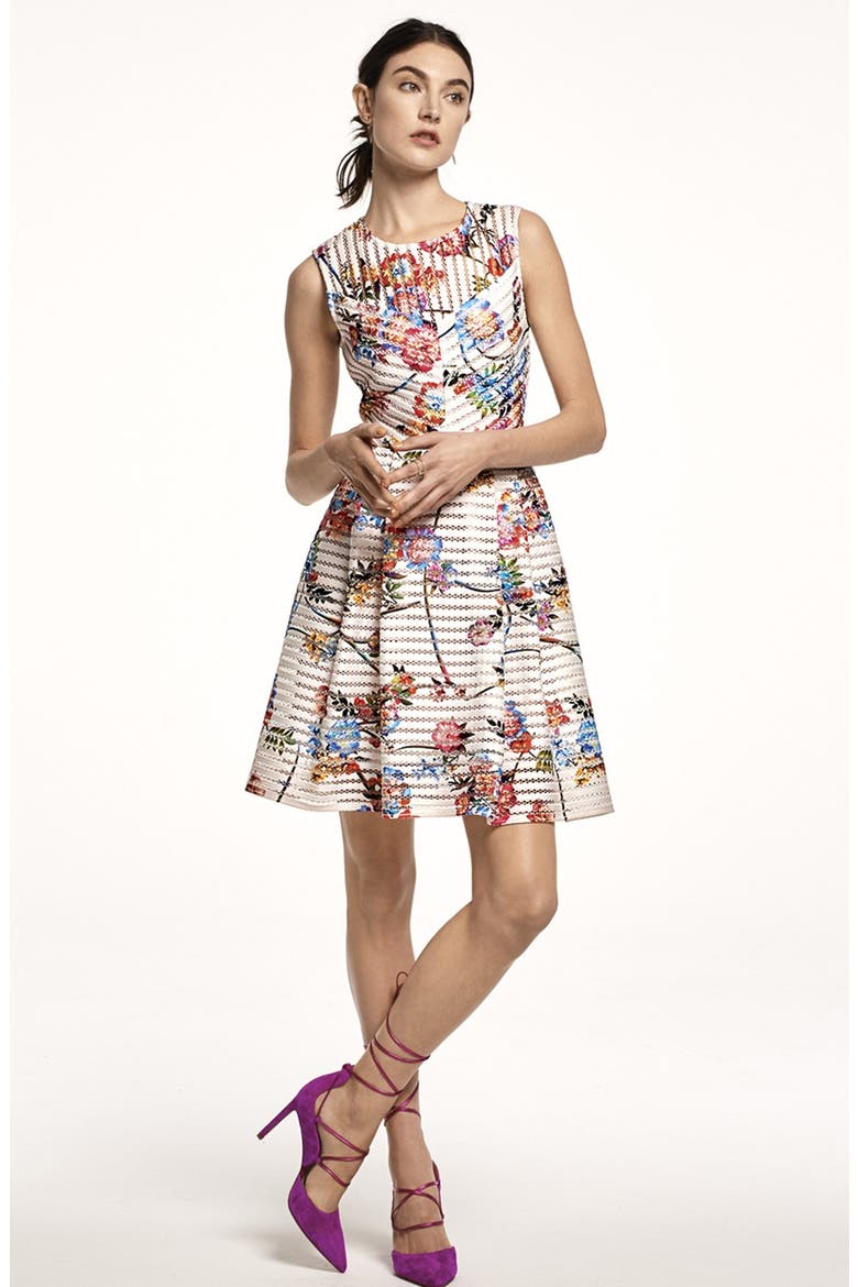 Floral Scuba Mesh Fit & Flare Dress, Alternate, color, IVORY/ PINK MULTI