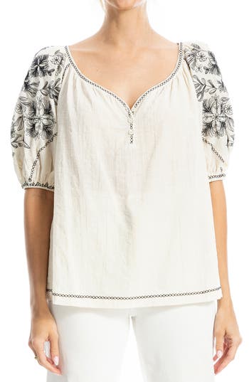 Max Studio Embroidered Puff Sleeve Top In White