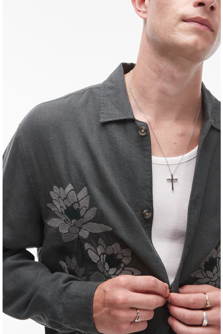 Floral Embroidered Linen Blend Button-Up Shirt, Alternate, color, MEDIUM GREEN