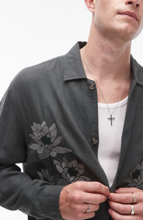 Shop Topman Floral Embroidered Linen Blend Button-up Shirt In Medium Green