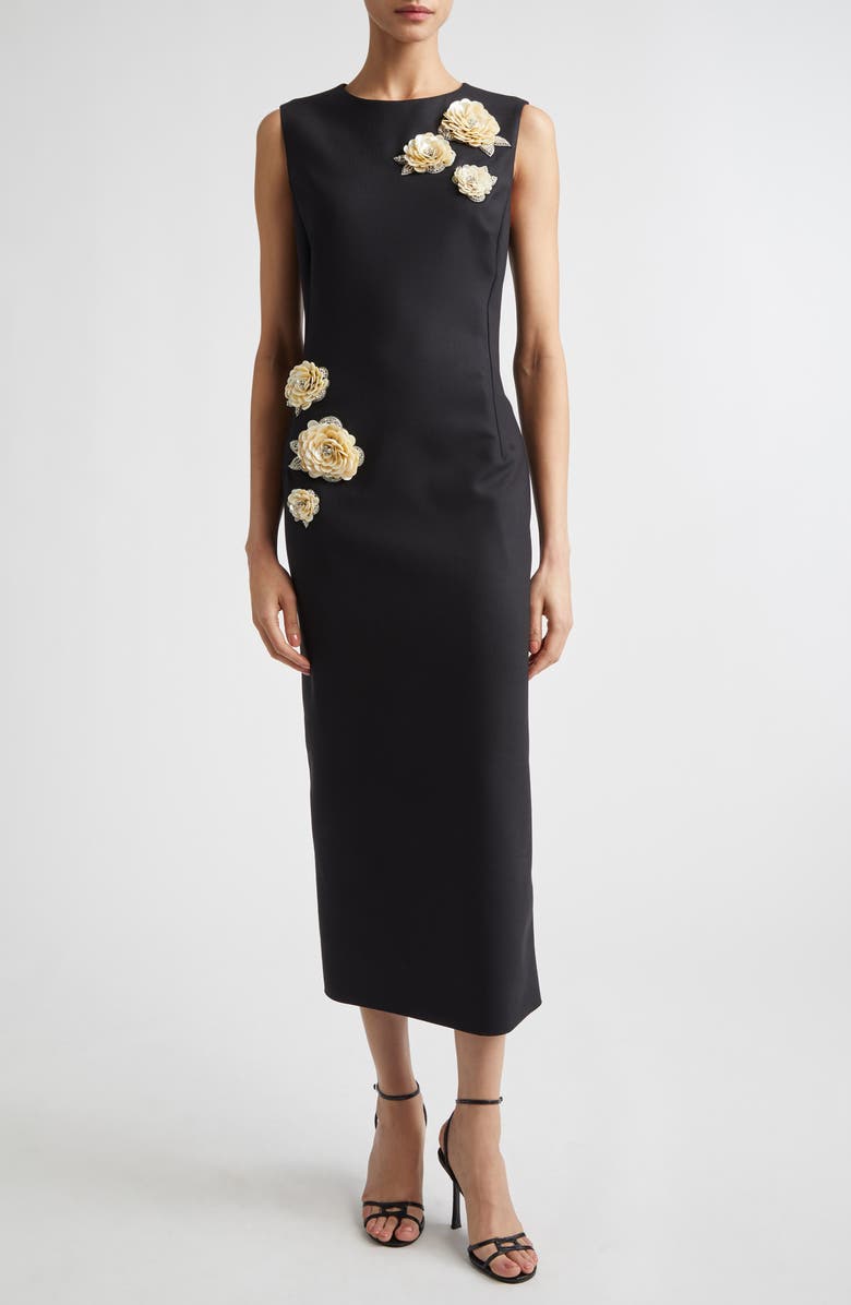 Oscar de la Renta Brooch Embroidered Sleeveless Cocktail Dress, Main, color, Black