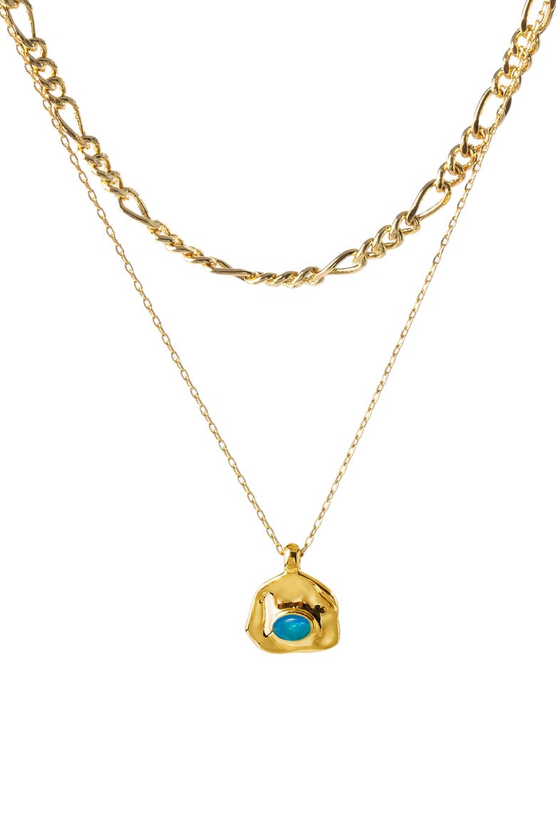 Aria Gemstone Pendant Necklace and Figaro Chain Layering Set, Main, color, Gold/Sky Blue