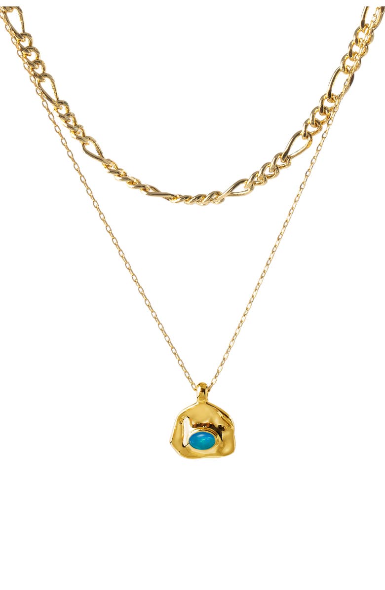Classicharms Aria Gemstone Pendant Necklace and Figaro Chain Layering Set, Main, color, Gold/Sky Blue