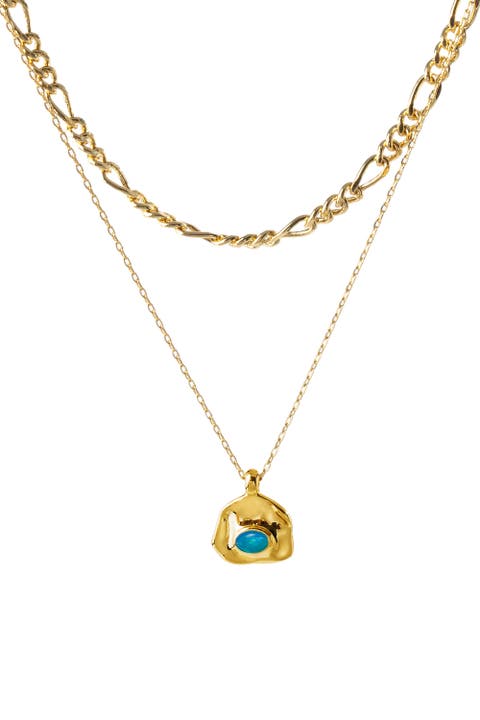 Aria Gemstone Pendant Necklace and Figaro Chain Layering Set