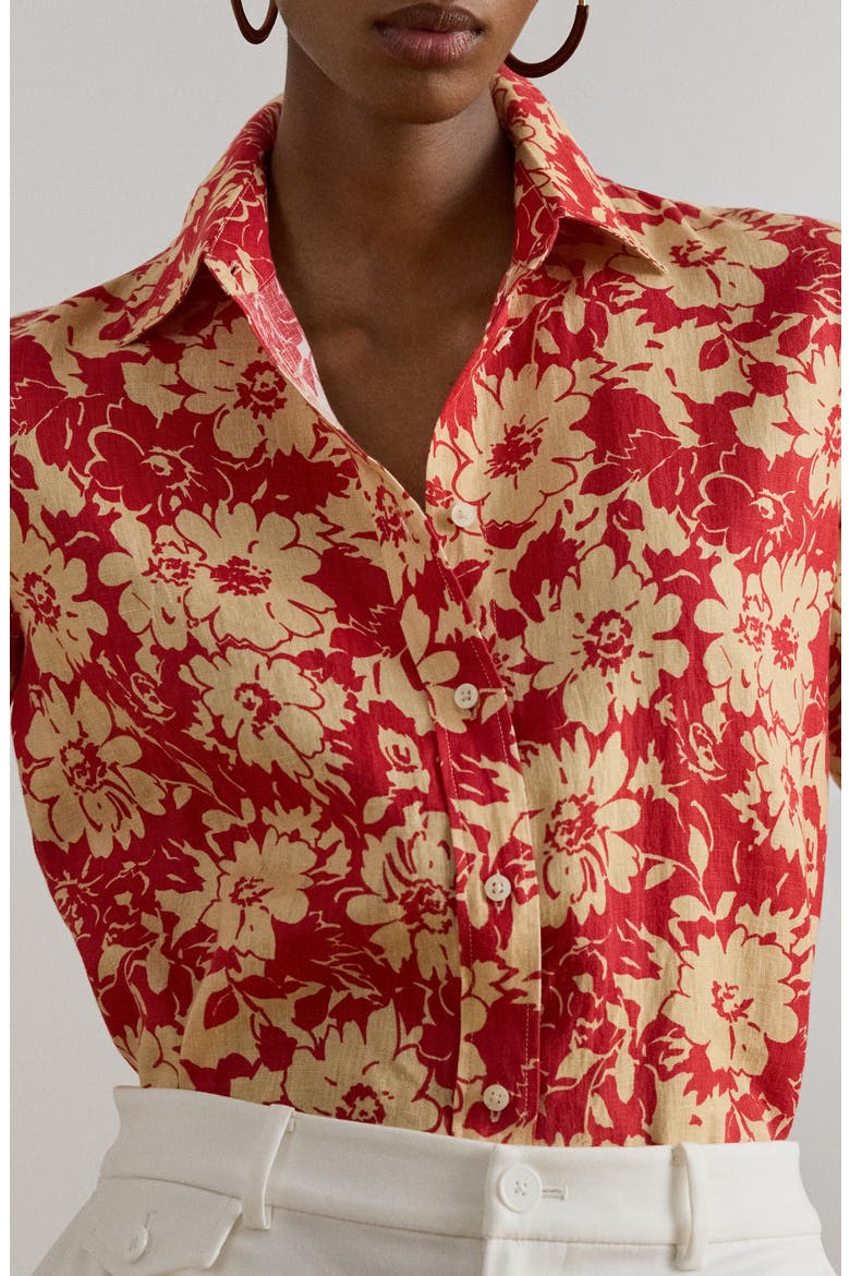 Floral Linen Button-Up Shirt, Alternate, color, RED/ BEIGE