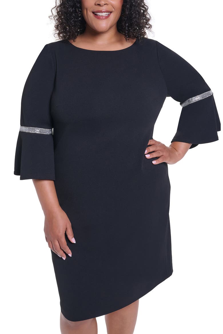 Rhinestone Trim Bell Sleeve Sheath Dress, Alternate, color, BLACK
