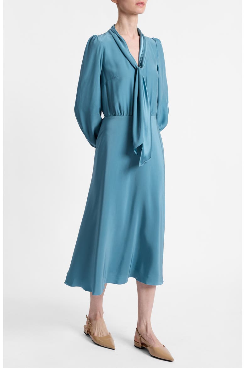 Jenn Long Sleeve Silk Midi Tie-Neck Dress, Alternate, color, Steel Teal
