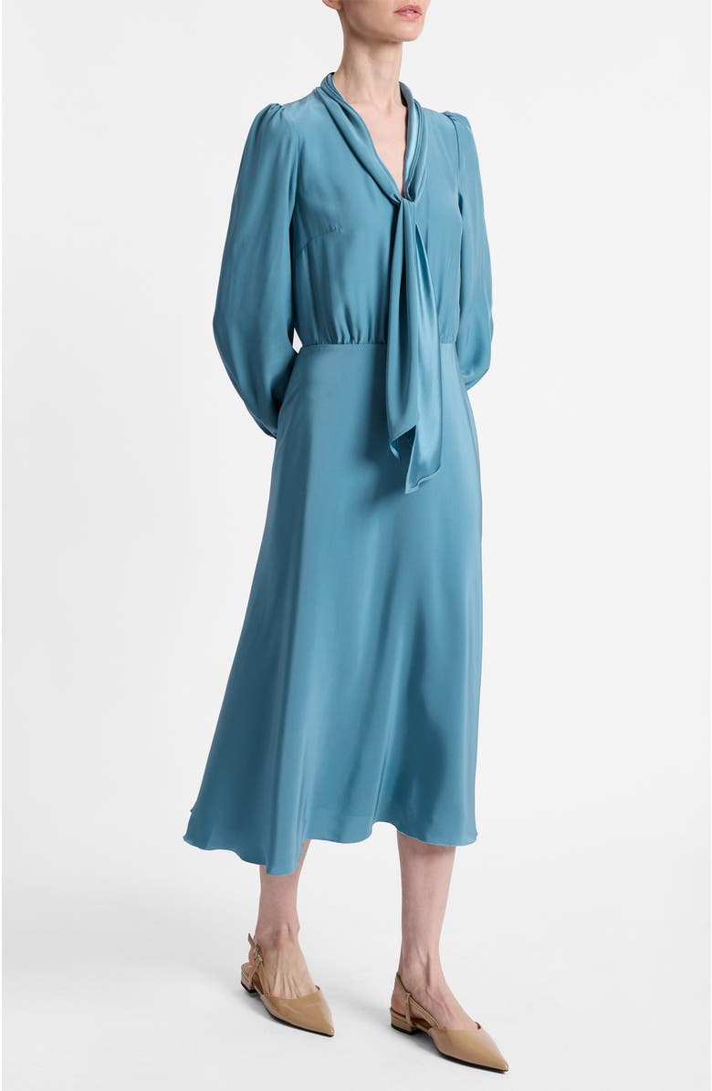 Santorelli Jenn Long Sleeve Silk Midi Tie-Neck Dress, Alternate, color, Steel Teal