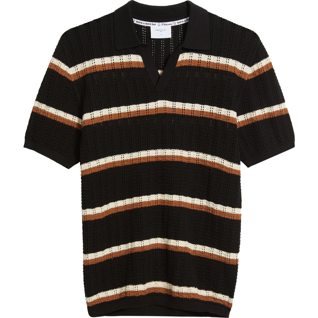 Percival Tessaro Stripe Open Knit Polo In Black