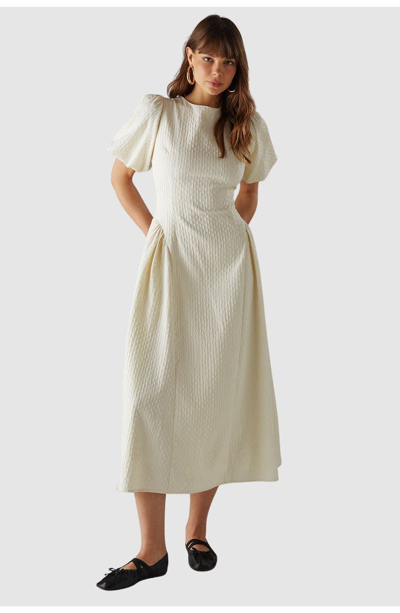 Warehouse Seersucker Puff Sleeve Midi Dress | Nordstrom