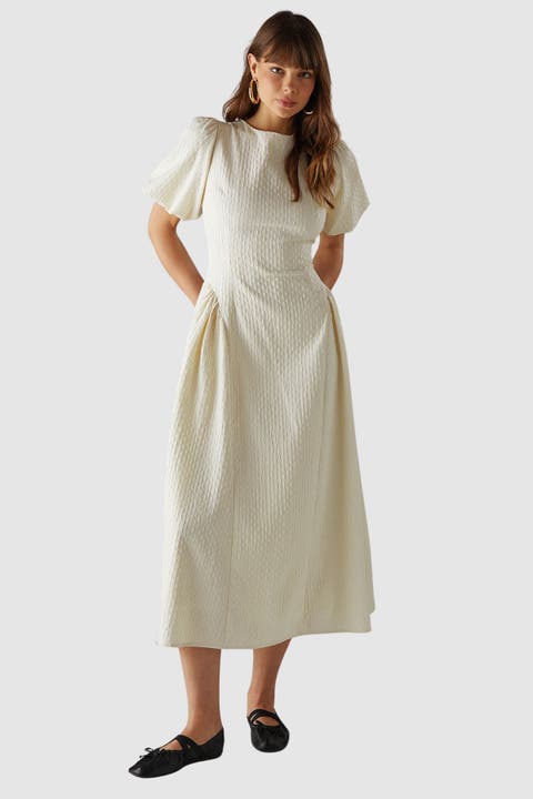Seersucker Puff Sleeve Midi Dress