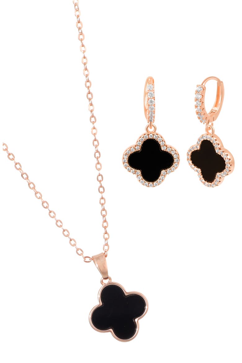 Clover Drop Huggie Hoop Earrings & Pendant Necklace Set, Main, color, ROSE GOLD