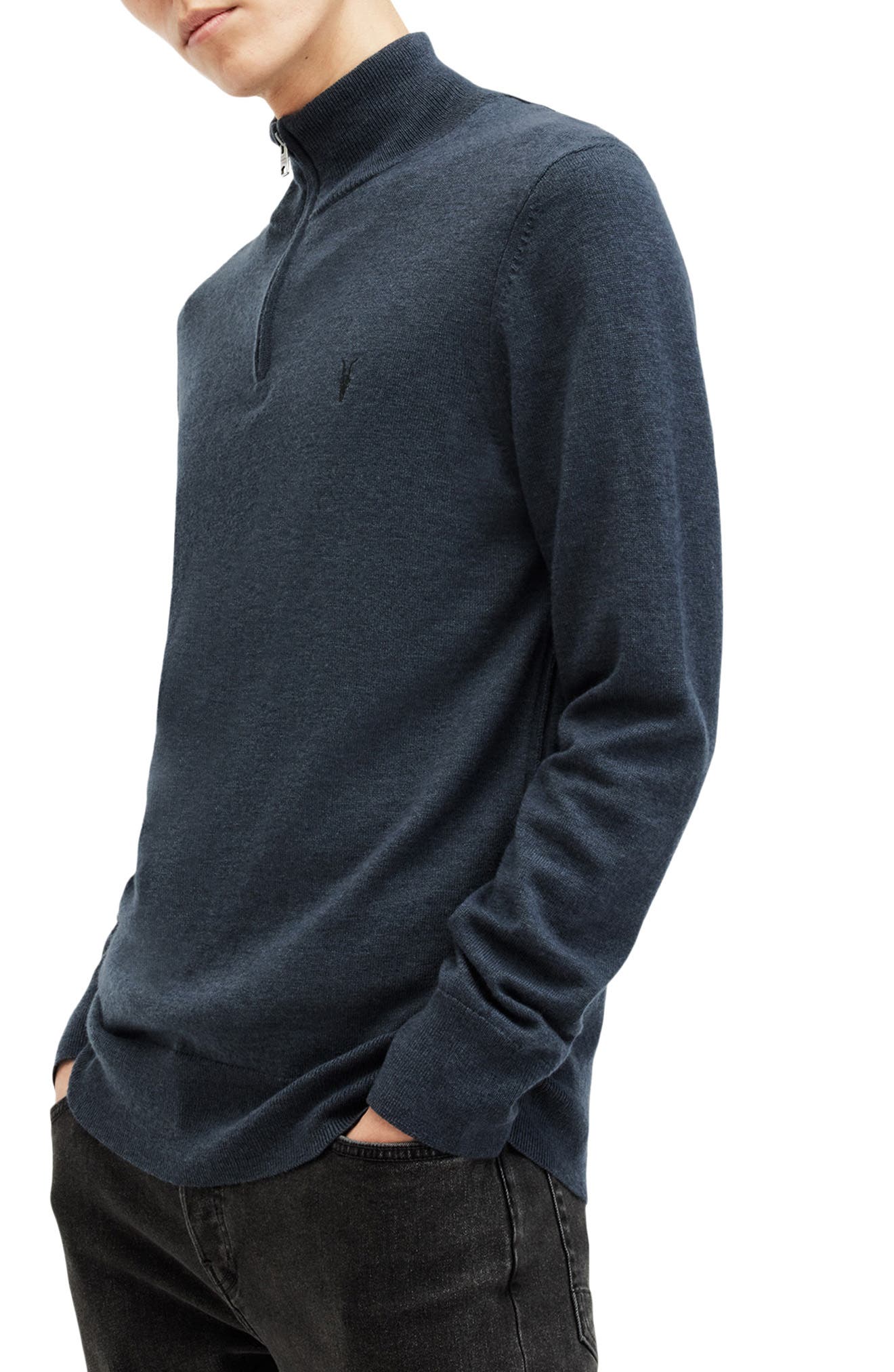 AllSaints Kilburn Funnel Neck Wool Blend Quarter Zip Sweater (Men