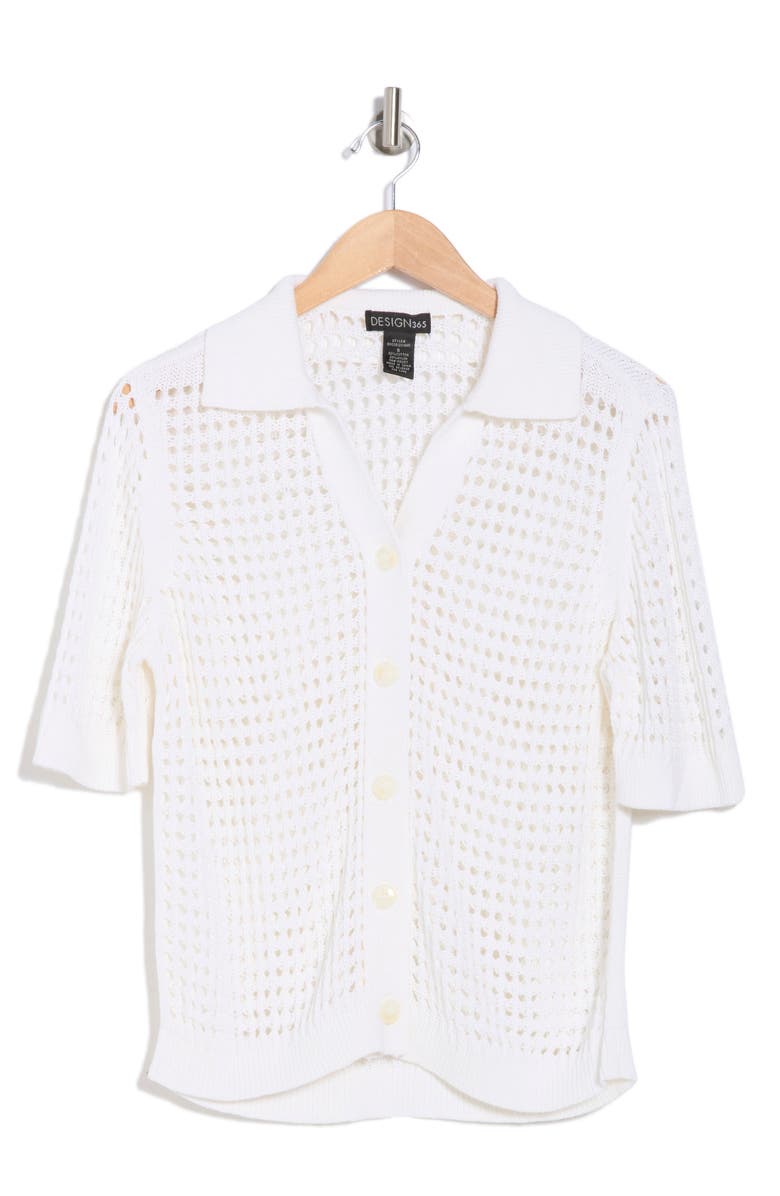 Design History Crochet Short Sleeve Button-Up Sweater, Alternate, color,