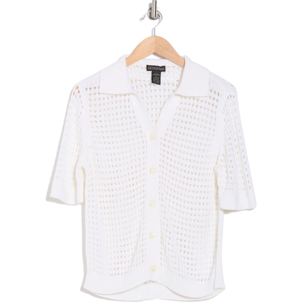 Design History Crochet Short Sleeve Button-up Sweater In White