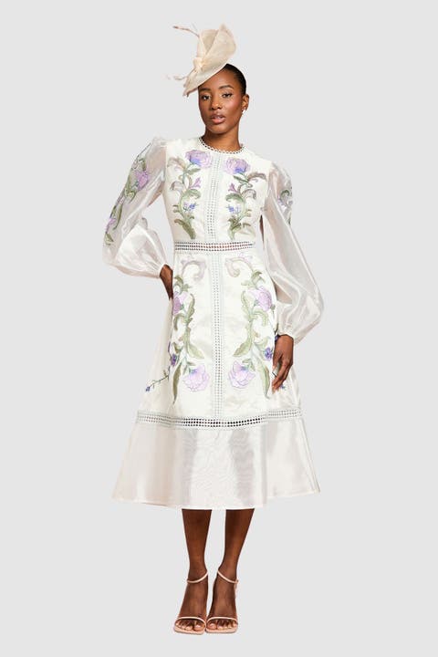 Embroidered Blouson Sleeve Midi Dress