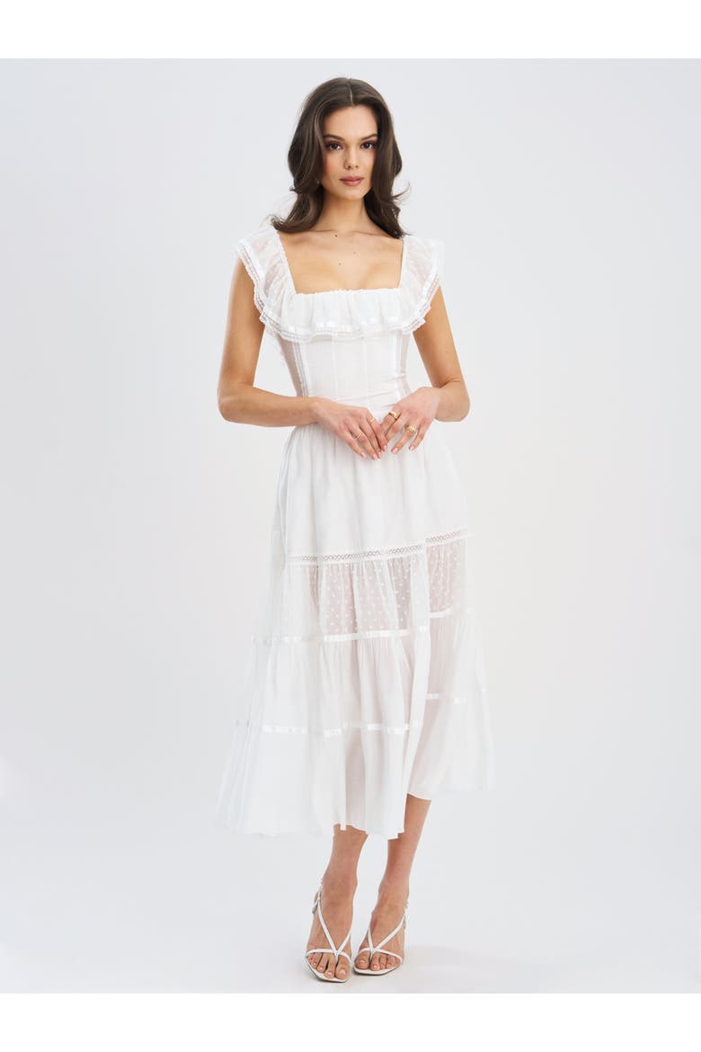Eden Square Neck Ruffle Trim High Waist Midi Dress, Alternate, color, White