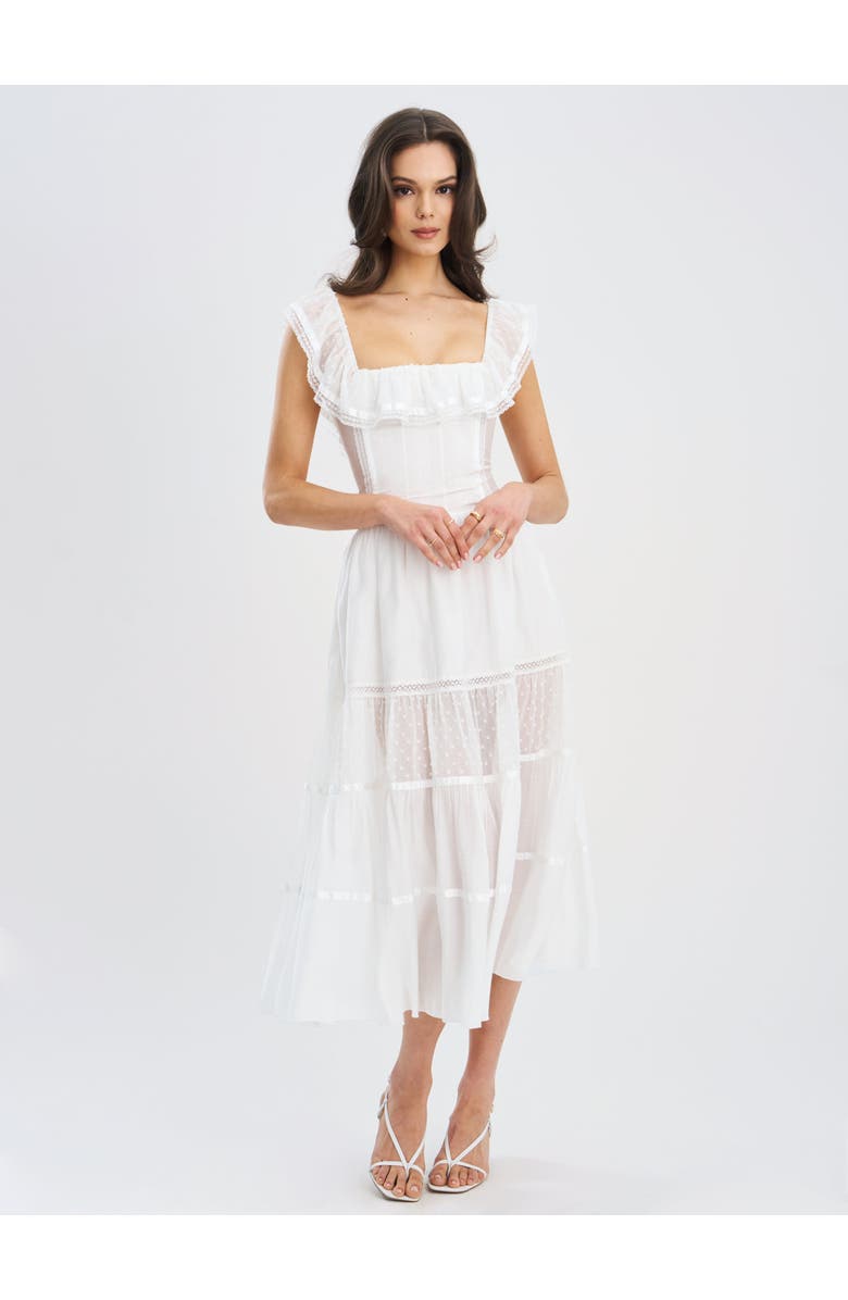Miss Circle Eden Square Neck Ruffle Trim High Waist Midi Dress, Alternate, color, White