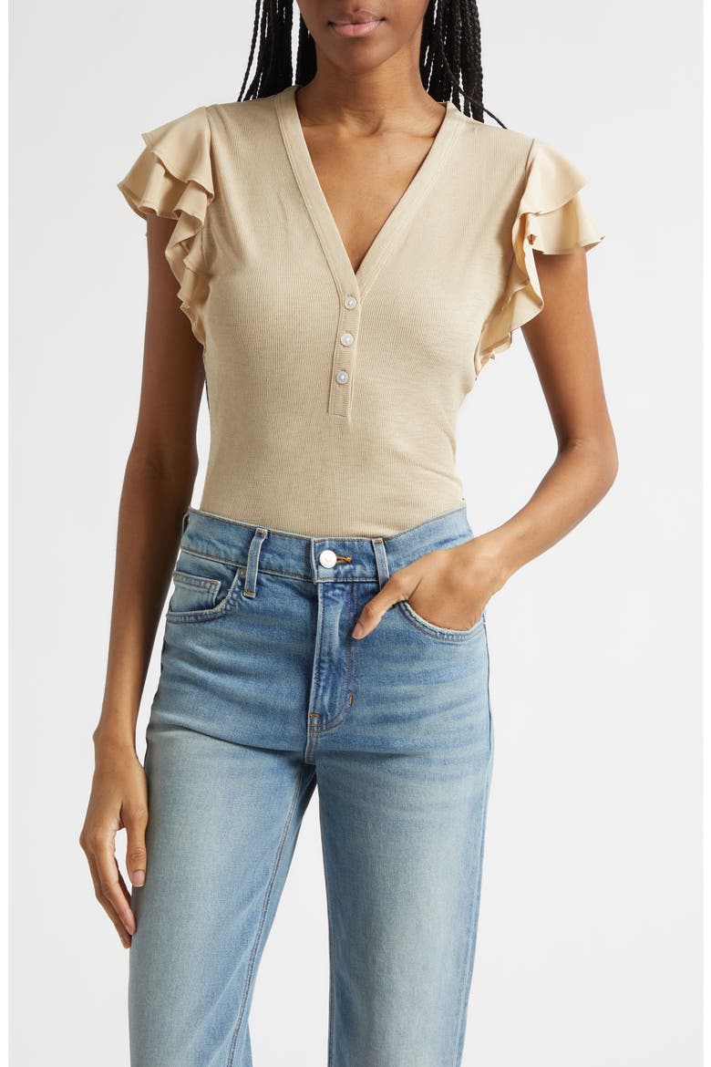 Aphrodite Ruffle Sleeve Rib Top, Main, color, STONE KHAKI