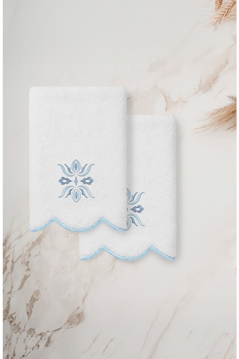 Flower Crest Scalloped Set of 2 Washcloths, Alternate, color, WHITE/ BLUE