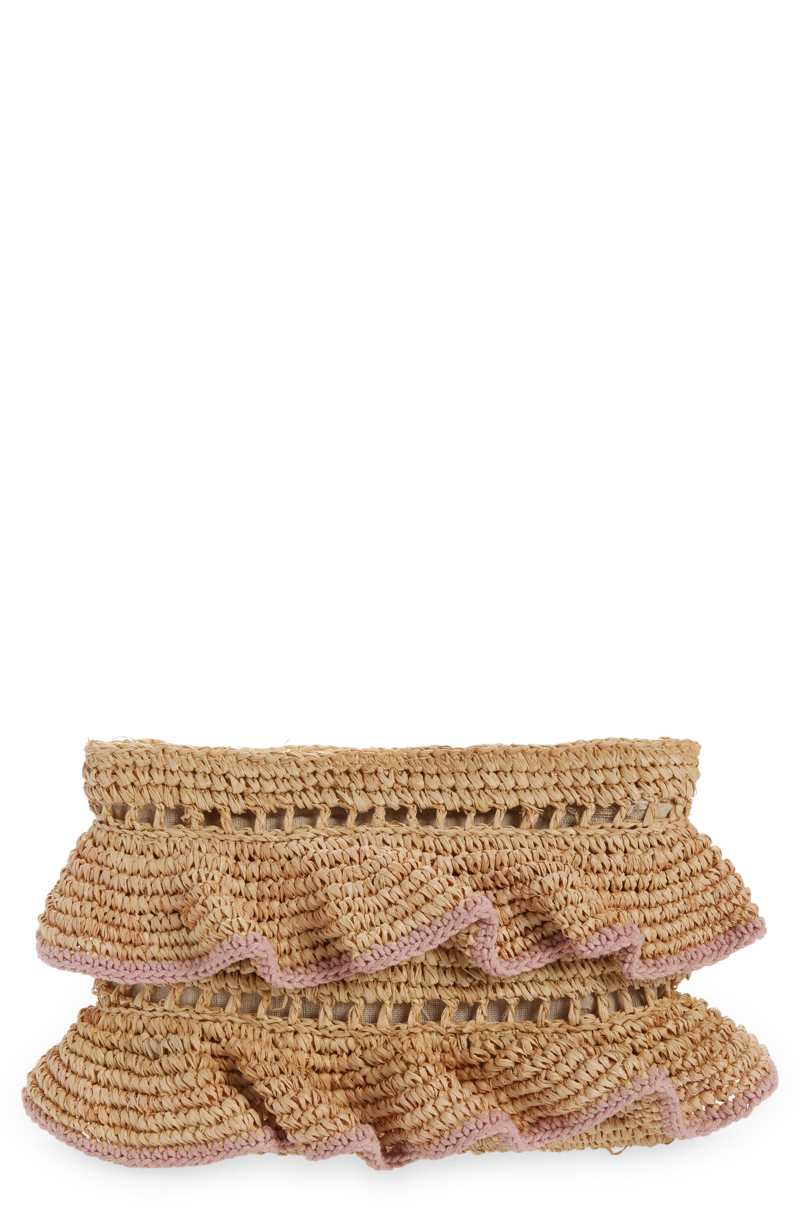 Joey Ruffle Raffia Clutch, Main, color, PETAL