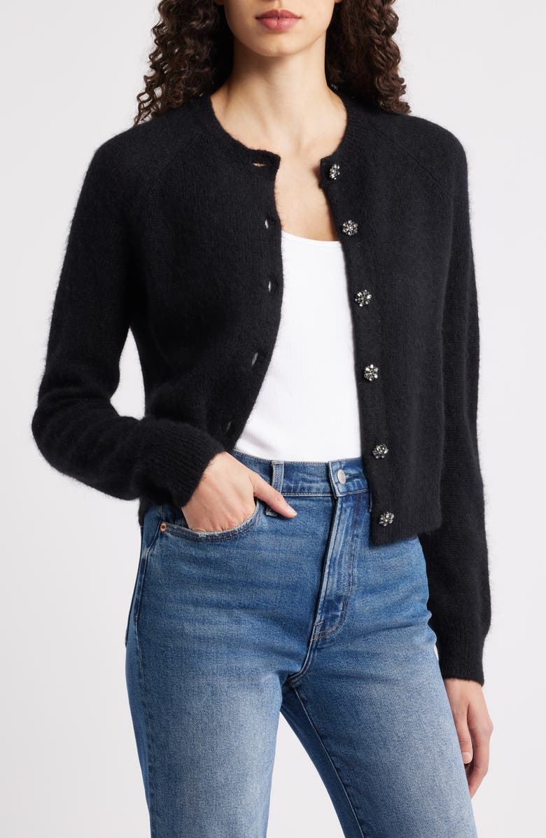 DÔEN Petra Crystal Button Cardigan, Alternate, color, Black