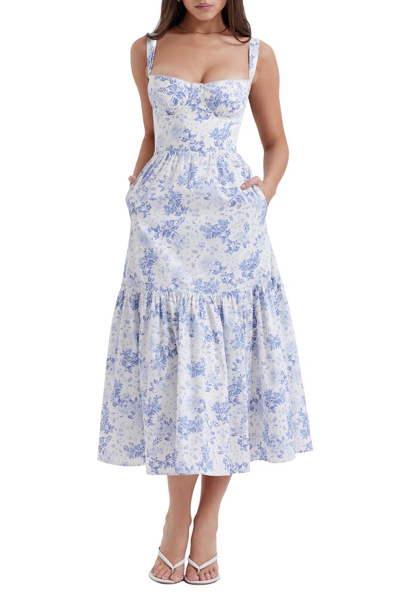 HOUSE OF CB Elia Floral Stretch Cotton Blend Corset Sundress, Alternate, color, Blue Print Flower