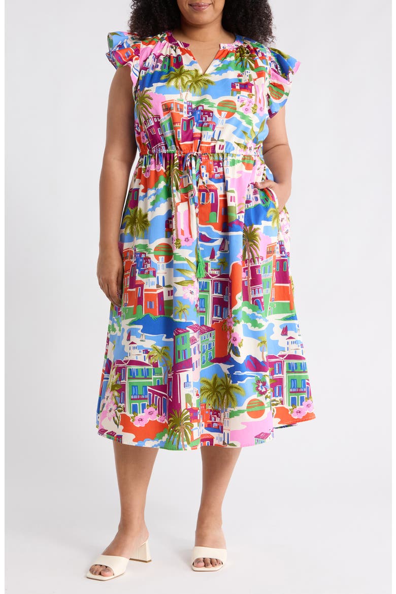 Karani Starburst Flutter Sleeve Tie Waist Midi Dress, Main, color, CREAM BLUE MULTI