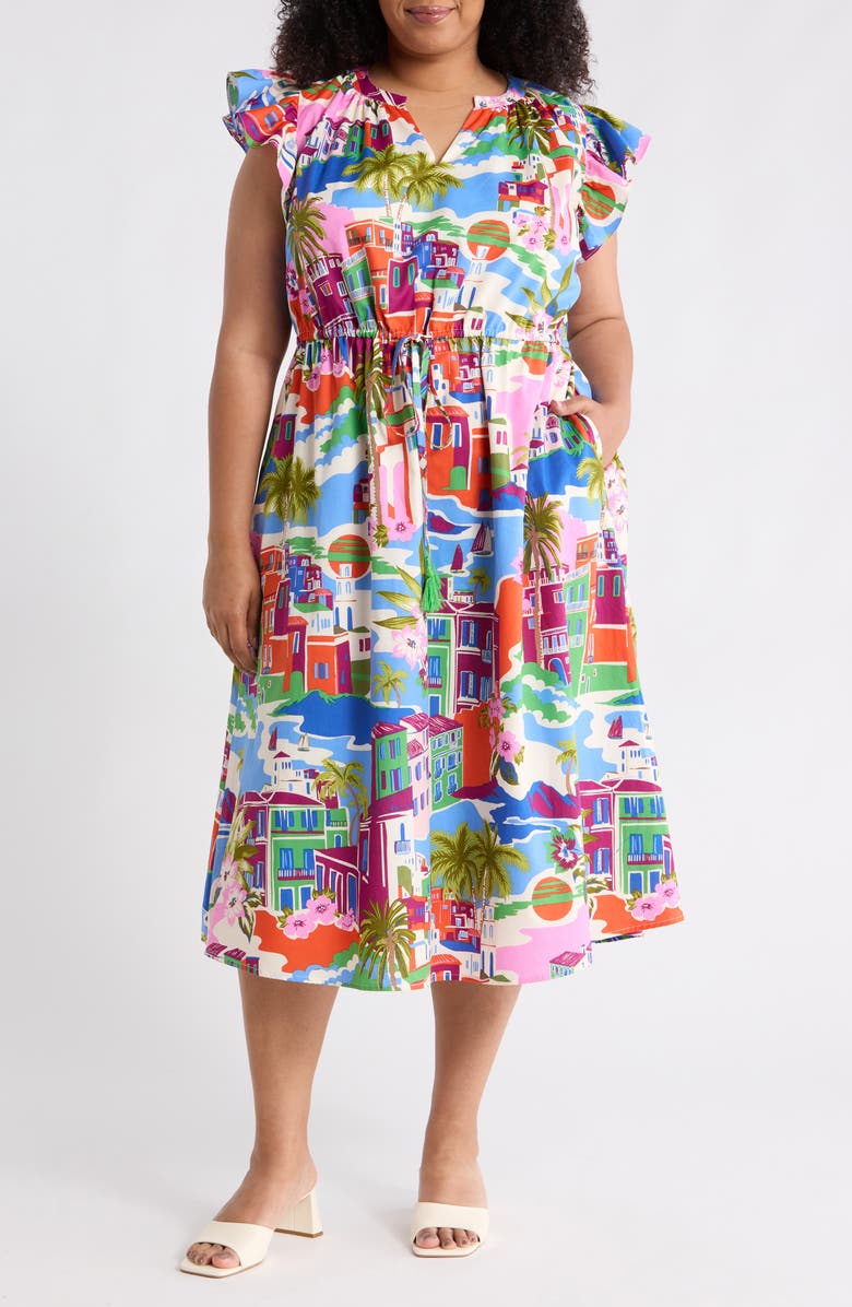 SUGARLIPS Karani Starburst Flutter Sleeve Tie Waist Midi Dress, Main, color, Cream Blue Multi