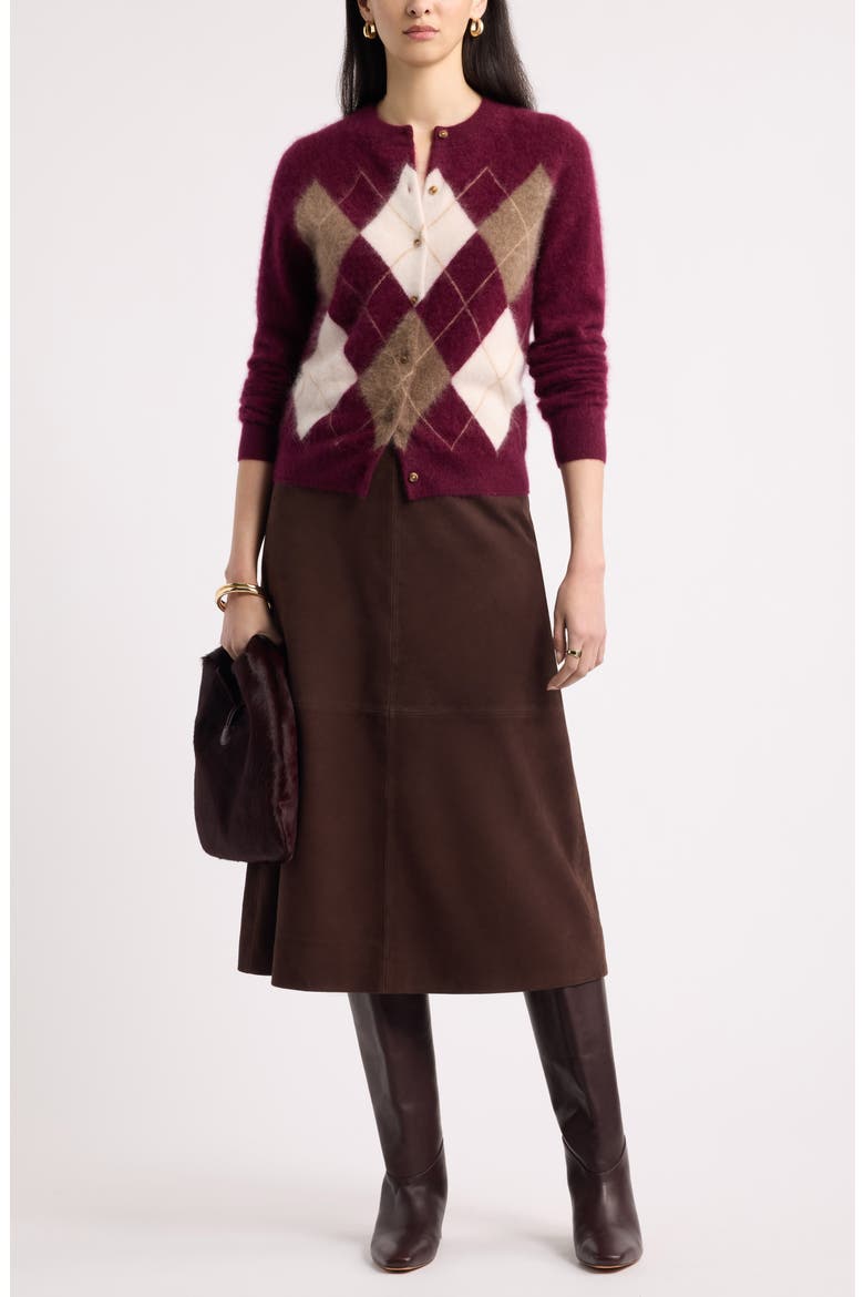 Brushed Cashmere Argyle Cardigan, Alternate, color, BURGUNDY FIG HEATHER ARGYLE