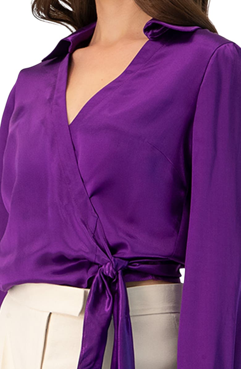 IVONNE Wrap Satin Blouse with Tie Detail, Alternate, color, Purple