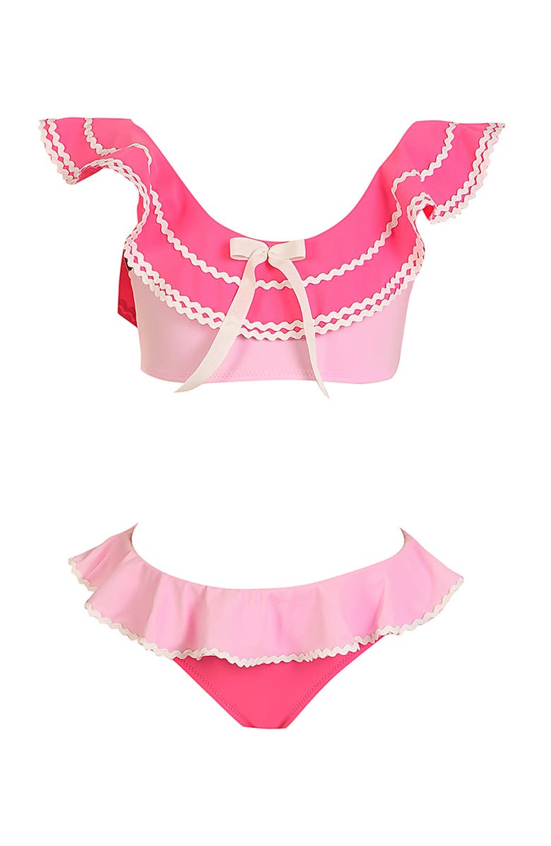 NESSI BYRD Tiered Ruffle Color-Blocked with Decorative Center Bow Two-Piece Bikini, Main, color, Pink