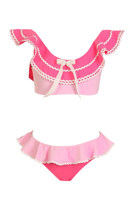 Tiered Ruffle Color-Blocked with Decorative Center Bow Two-Piece Bikini