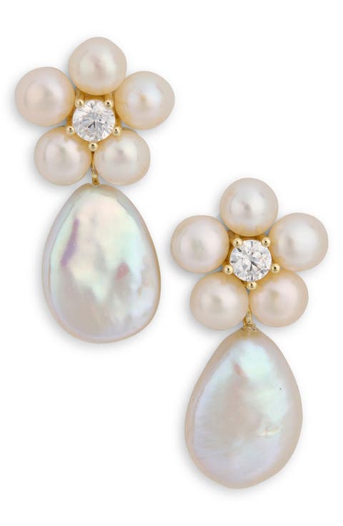 Flower Cultured Pearl Drop Earrings