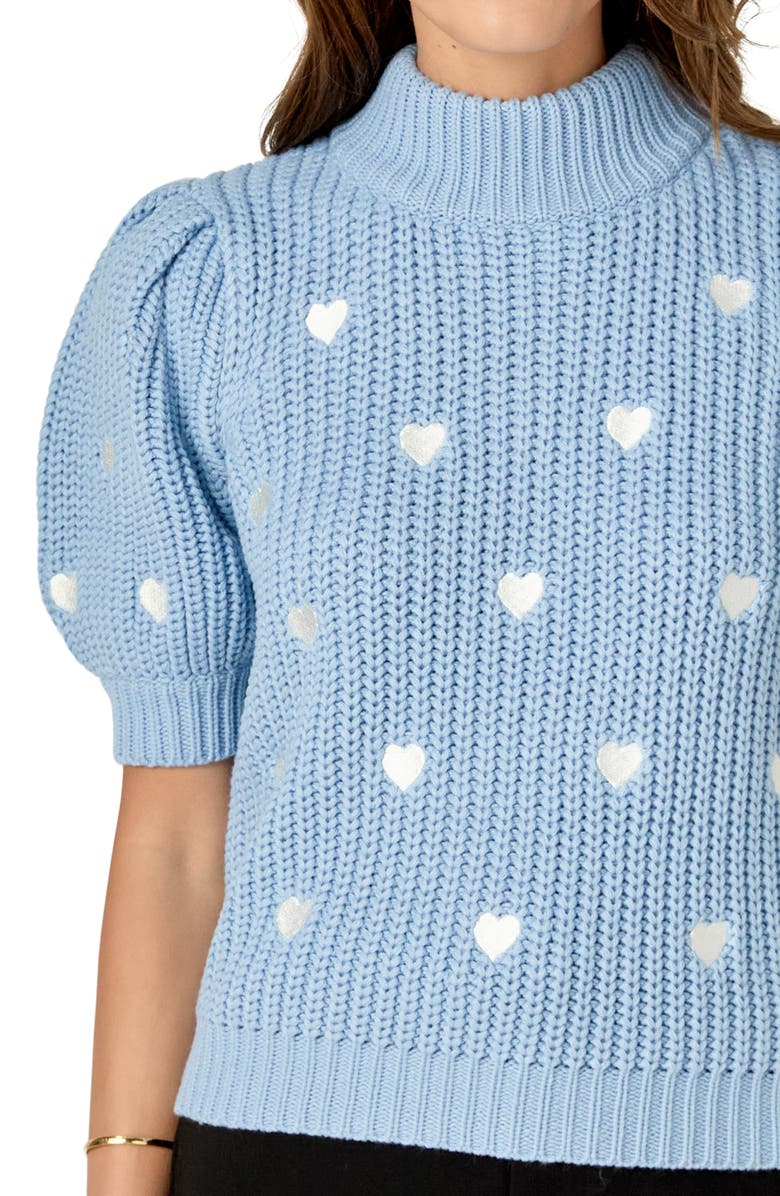 English Factory Heart Embroidered Puff Sleeve Sweater, Alternate, color, Powder Blue
