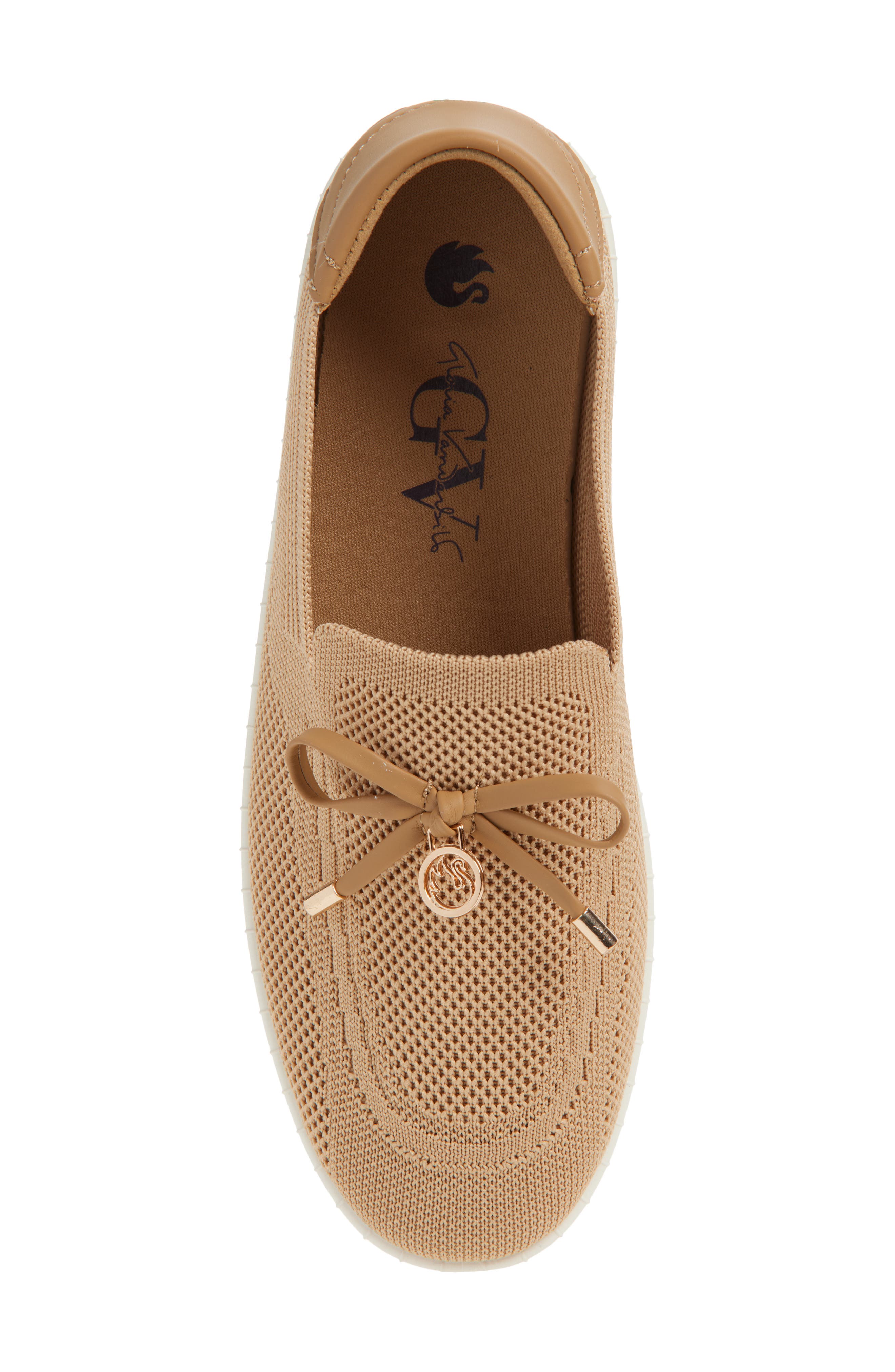 Annette Bow Charm Knit Slip-On Sneaker, Alternate, color, TAN/ NATURAL